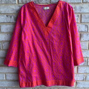 Caribbean Joe 3/4 Sleeve V-Neck Colorful Geo Tunic Blouse Women's Size M